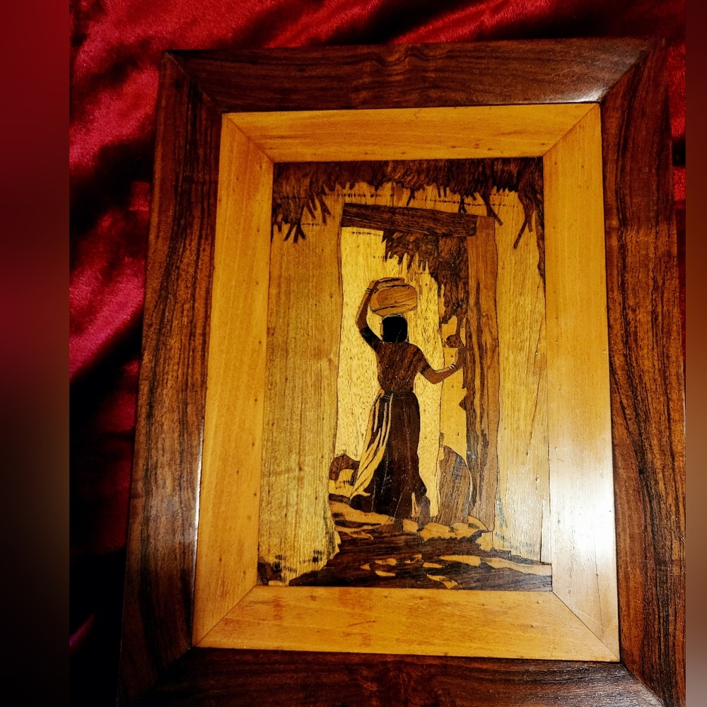 Rustic Wooden Art Panel with Woman Carrying Basket